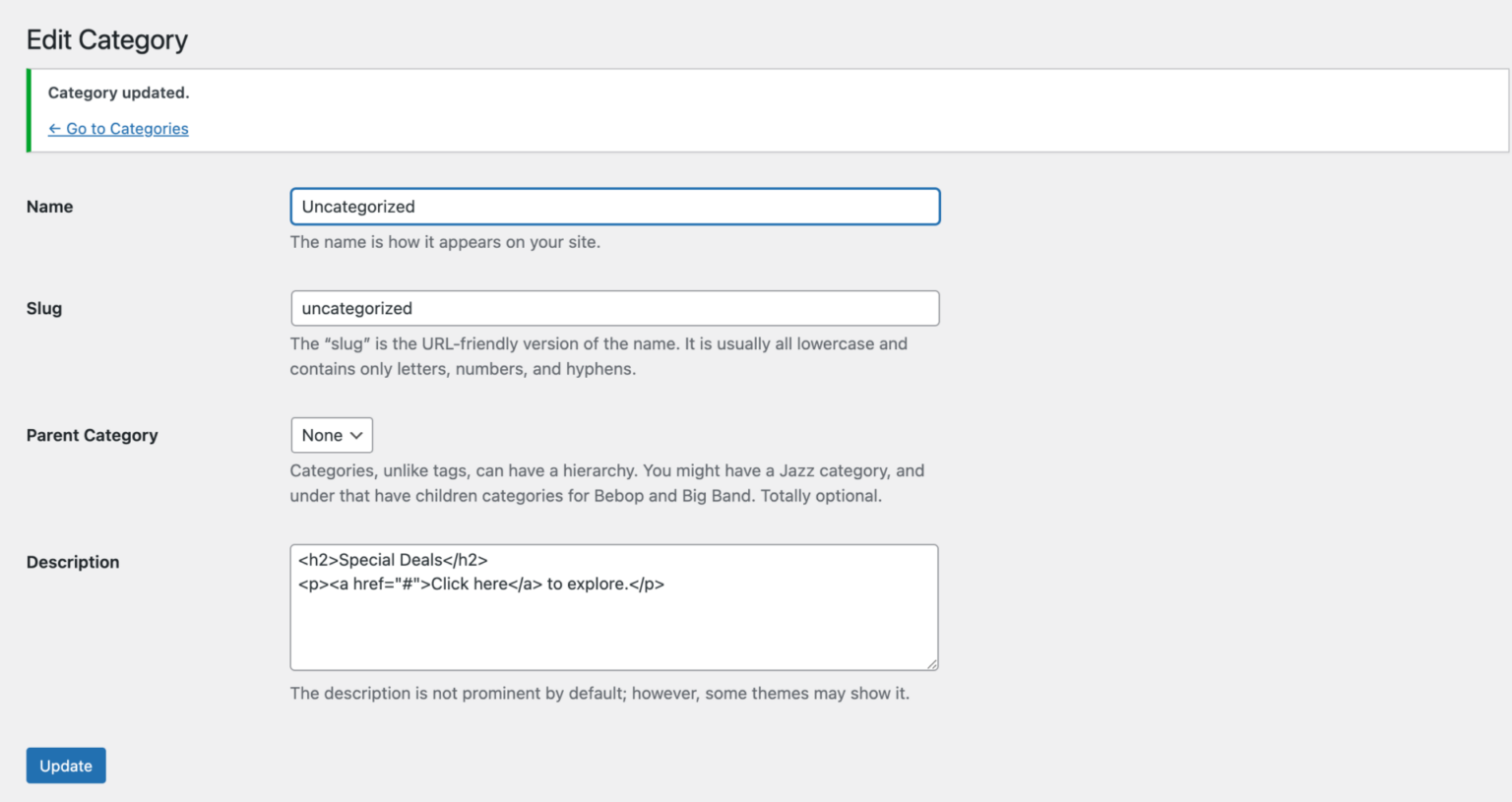 WordPress category description HTML editor