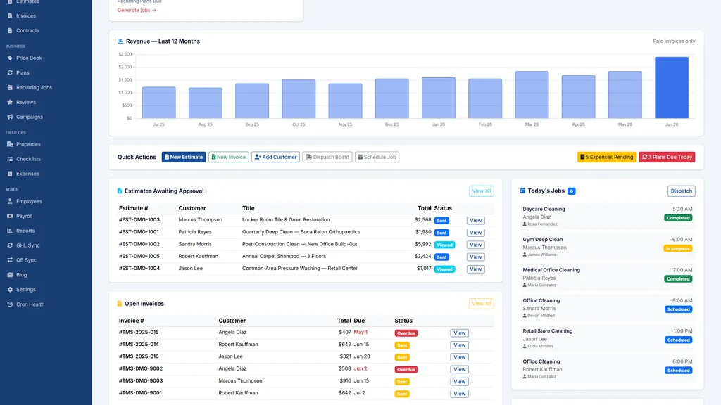 TMS Cleaning & Maintenance SERVEsimple service industry admin dashboard