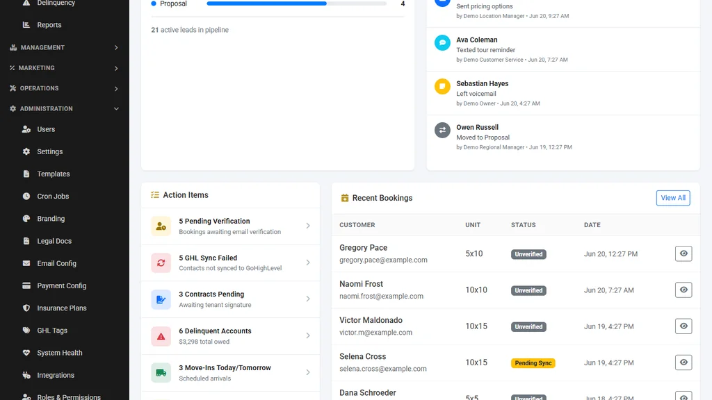 STORAGEsimple admin dashboard self-storage facility management software
