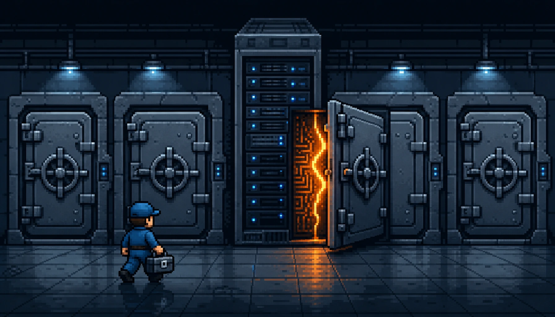 Retro 8-bit pixel-art scene of an Adobe ColdFusion server tower behind a row of vault doors, one cracked open to show a path traversal flaw while a technician arrives with an Update 11 patch