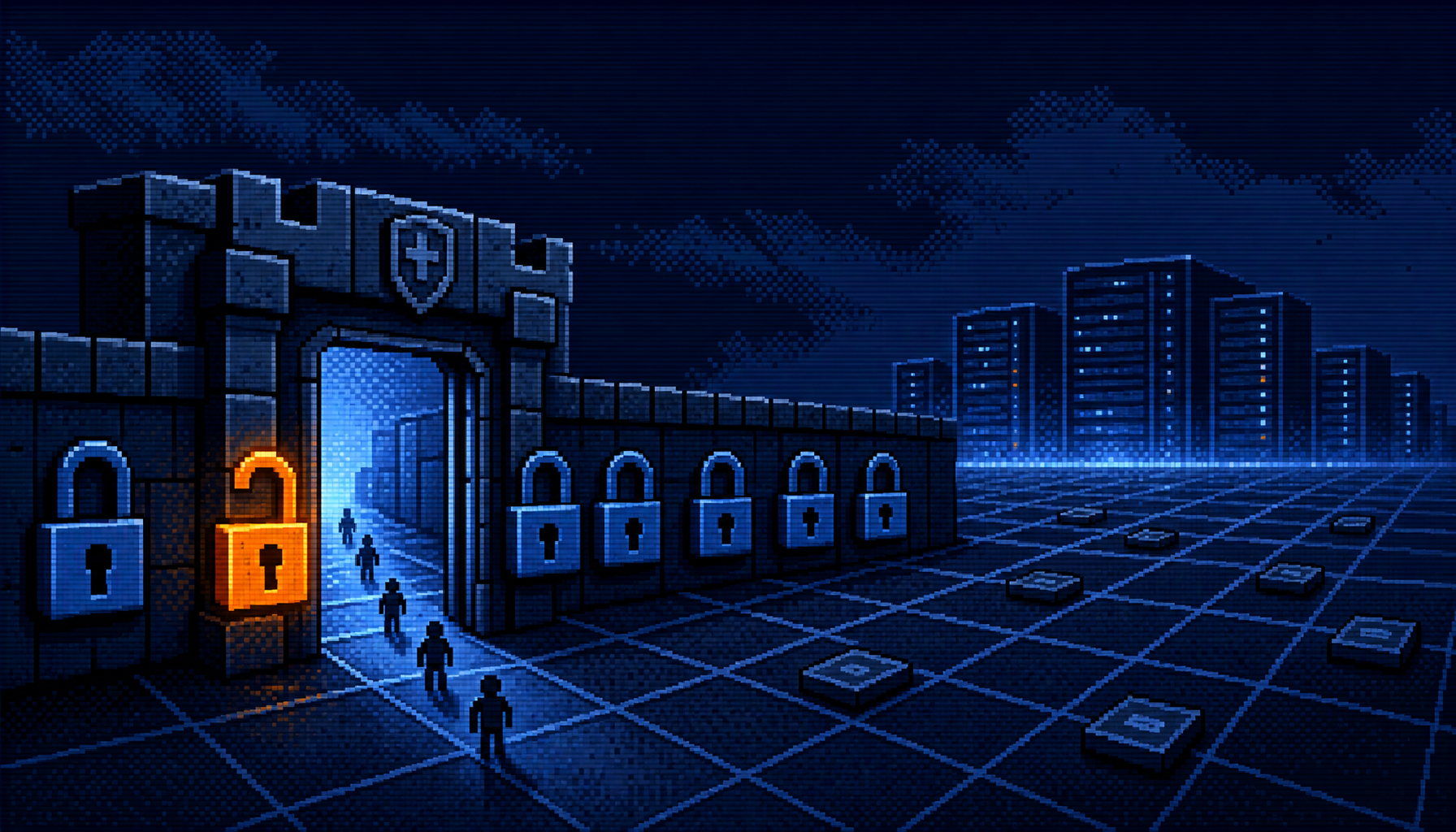 8-bit pixel-art of a fortified network gateway door with one padlock hanging open in orange