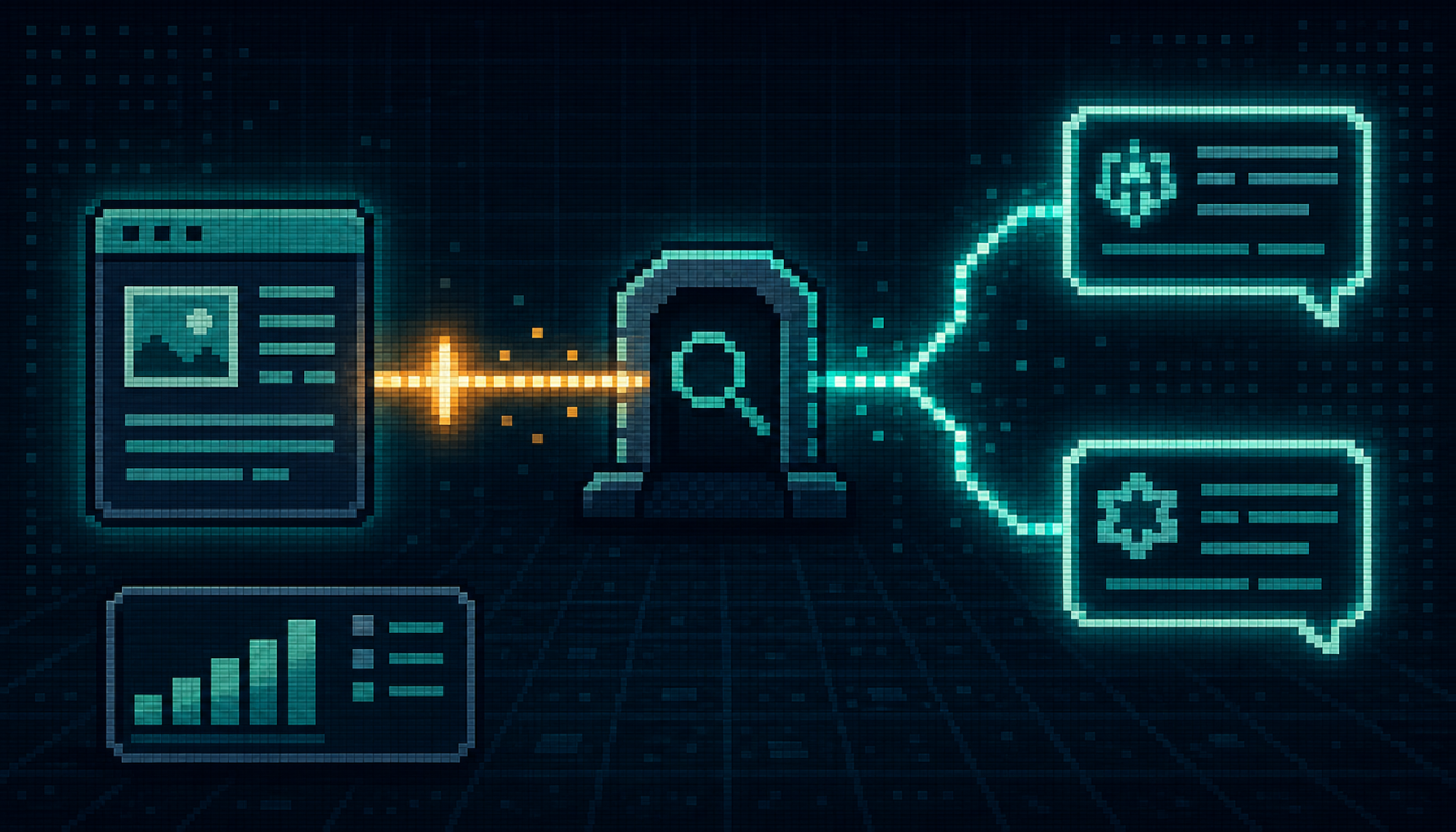 8-bit pixel-art of a URL pinging Bing and lighting up ChatGPT and Copilot AI answer citations via IndexNow