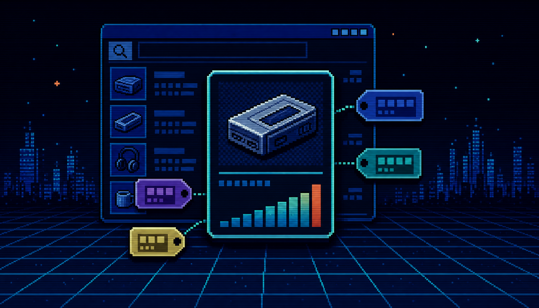 8-bit pixel-art search results with a product overlay card and price tags
