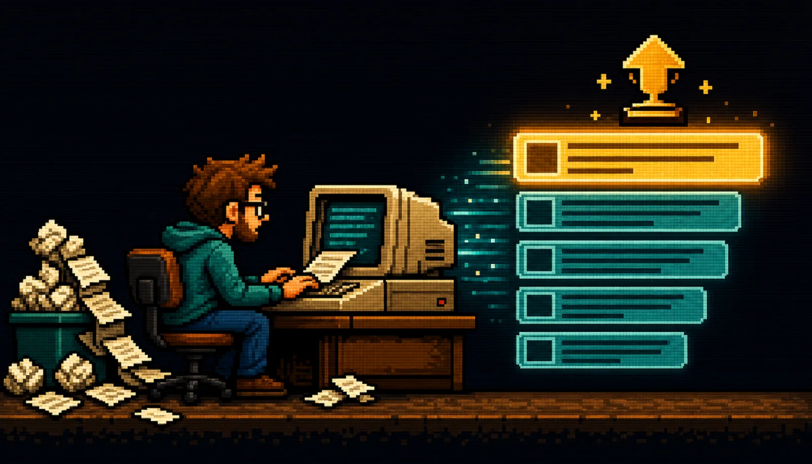 8-bit pixel-art writer at a CRT terminal turning a rough idea into a ranked blog post