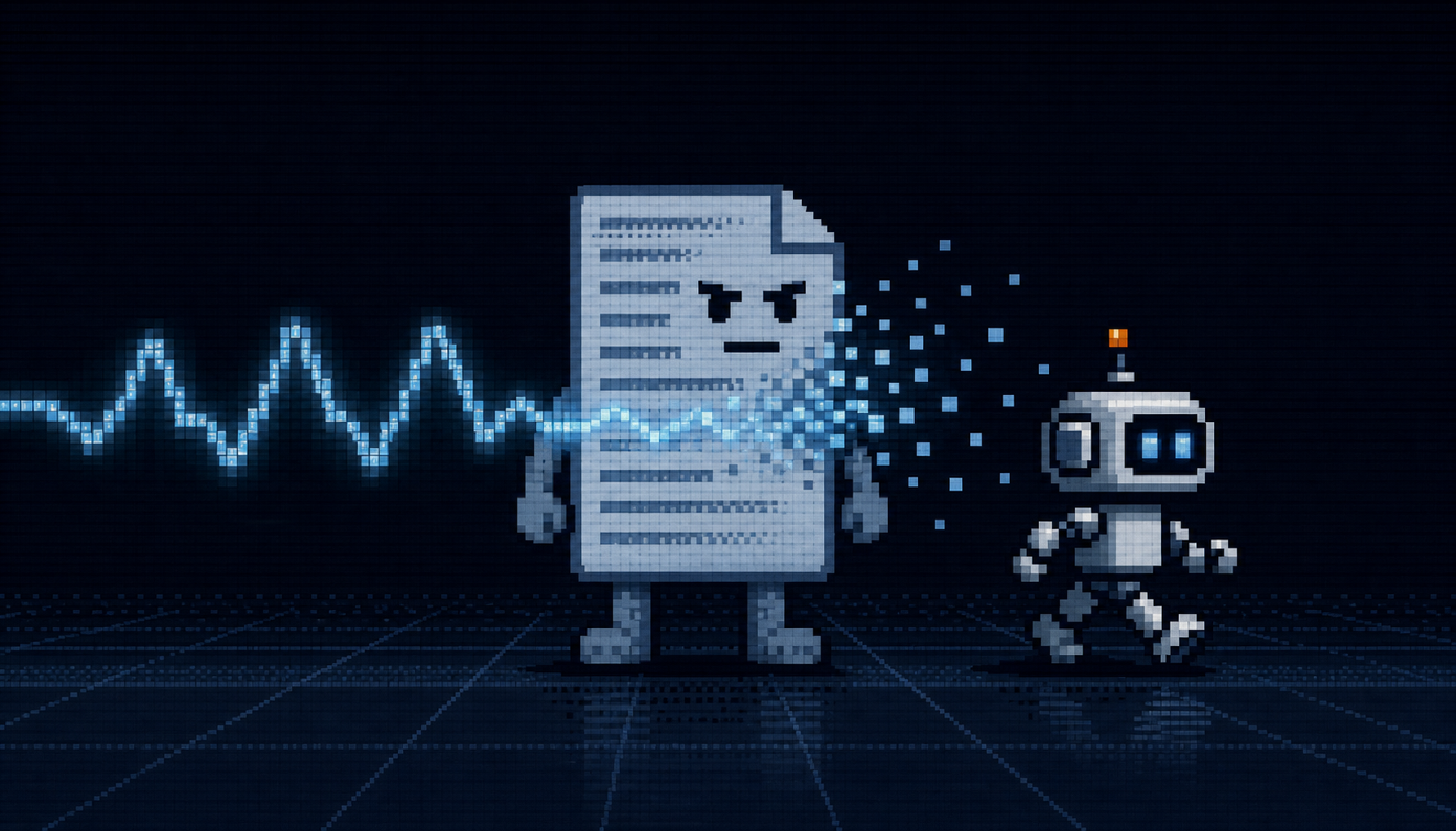 8-bit pixel-art robots.txt document with a signal dissolving as a crawler walks past