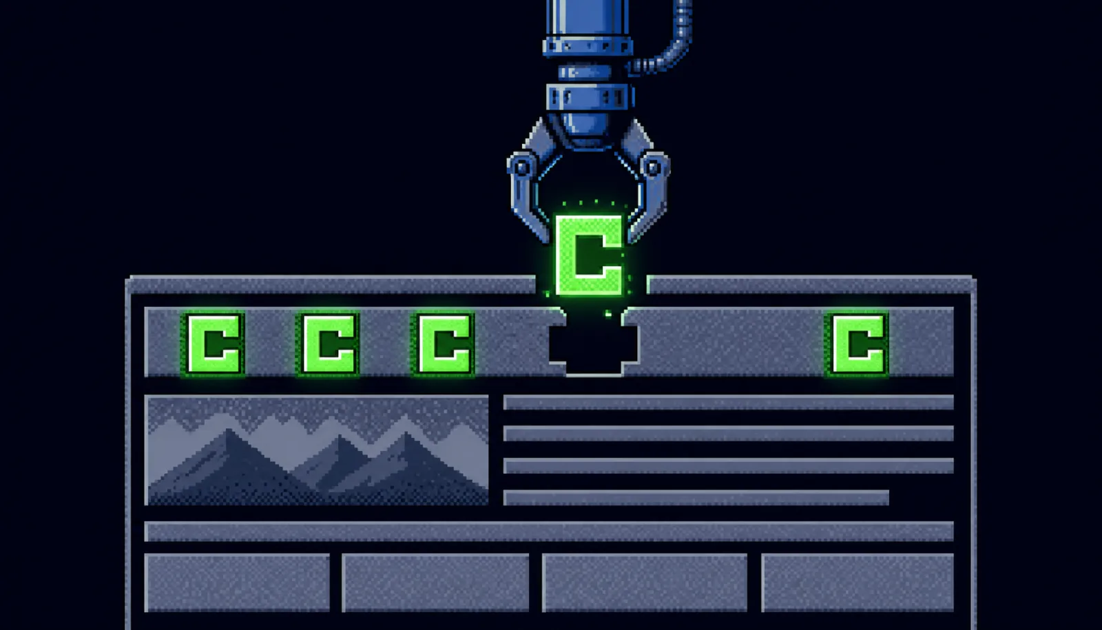 8-bit pixel-art robot arm inserting JSON-LD schema blocks into a website wireframe