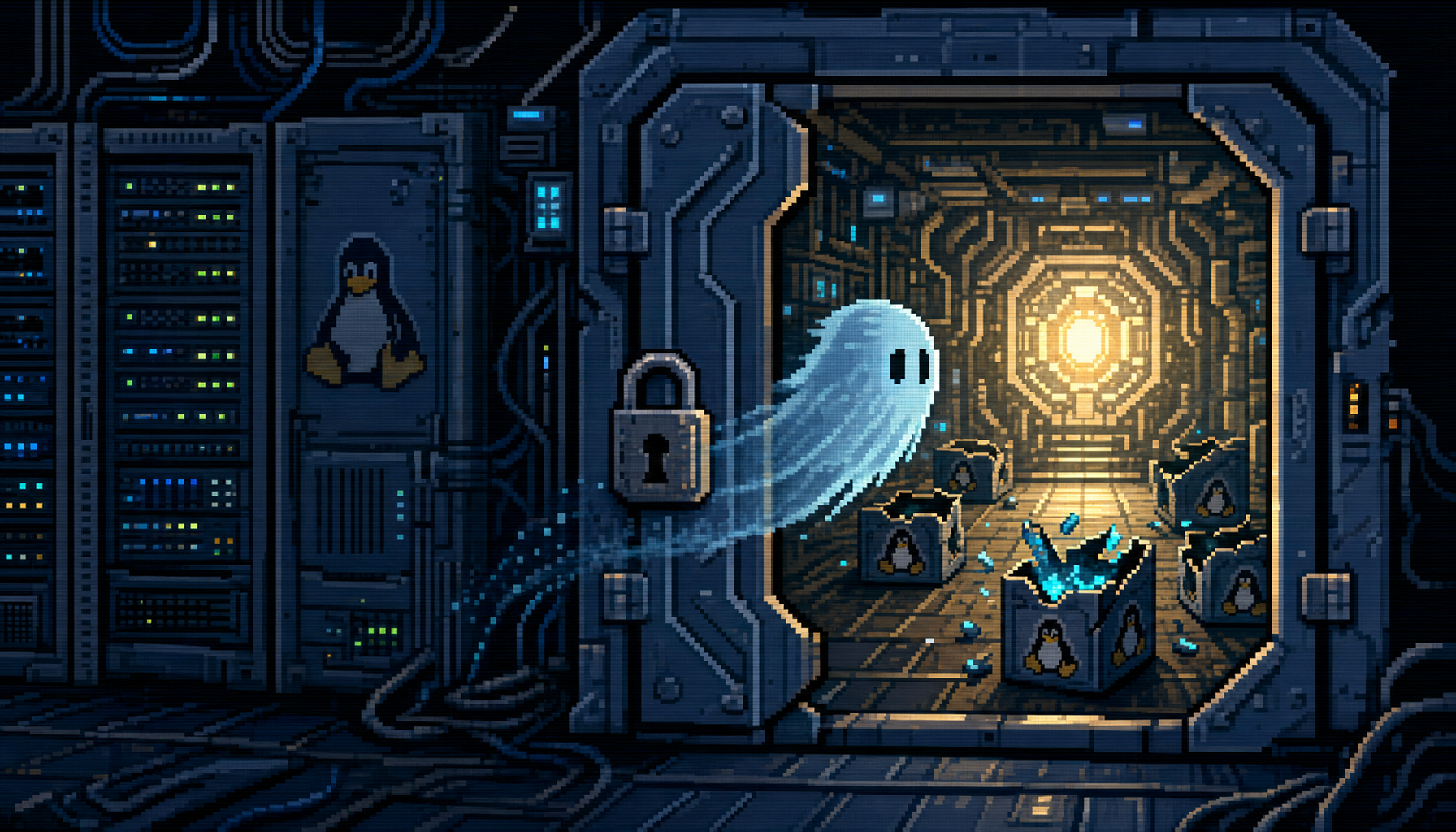 8-bit pixel-art of a ghost slipping through a locked server door into a glowing root core