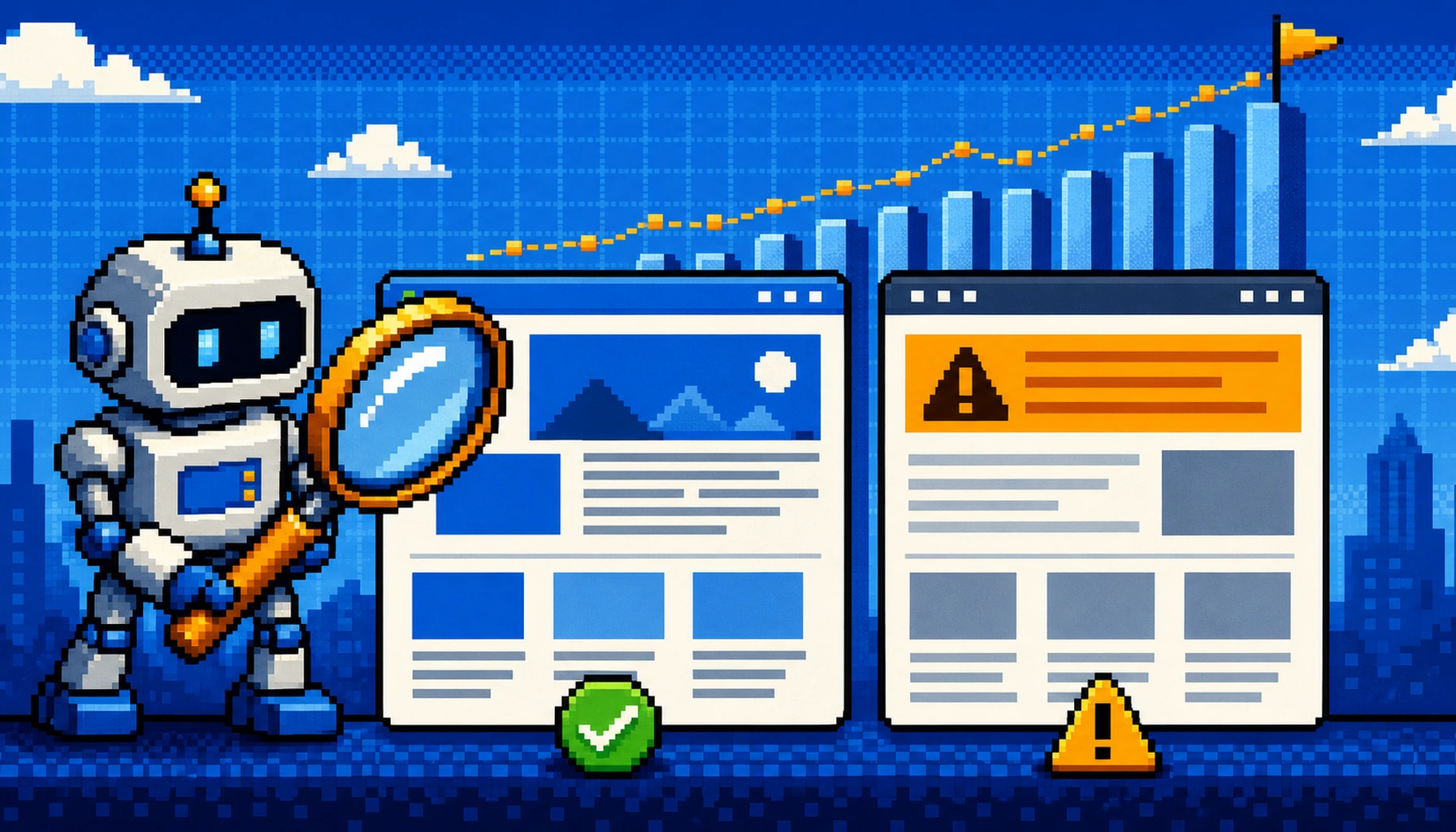 Retro 8-bit pixel art of a Googlebot inspecting two split versions of a web page beside a search ranking chart