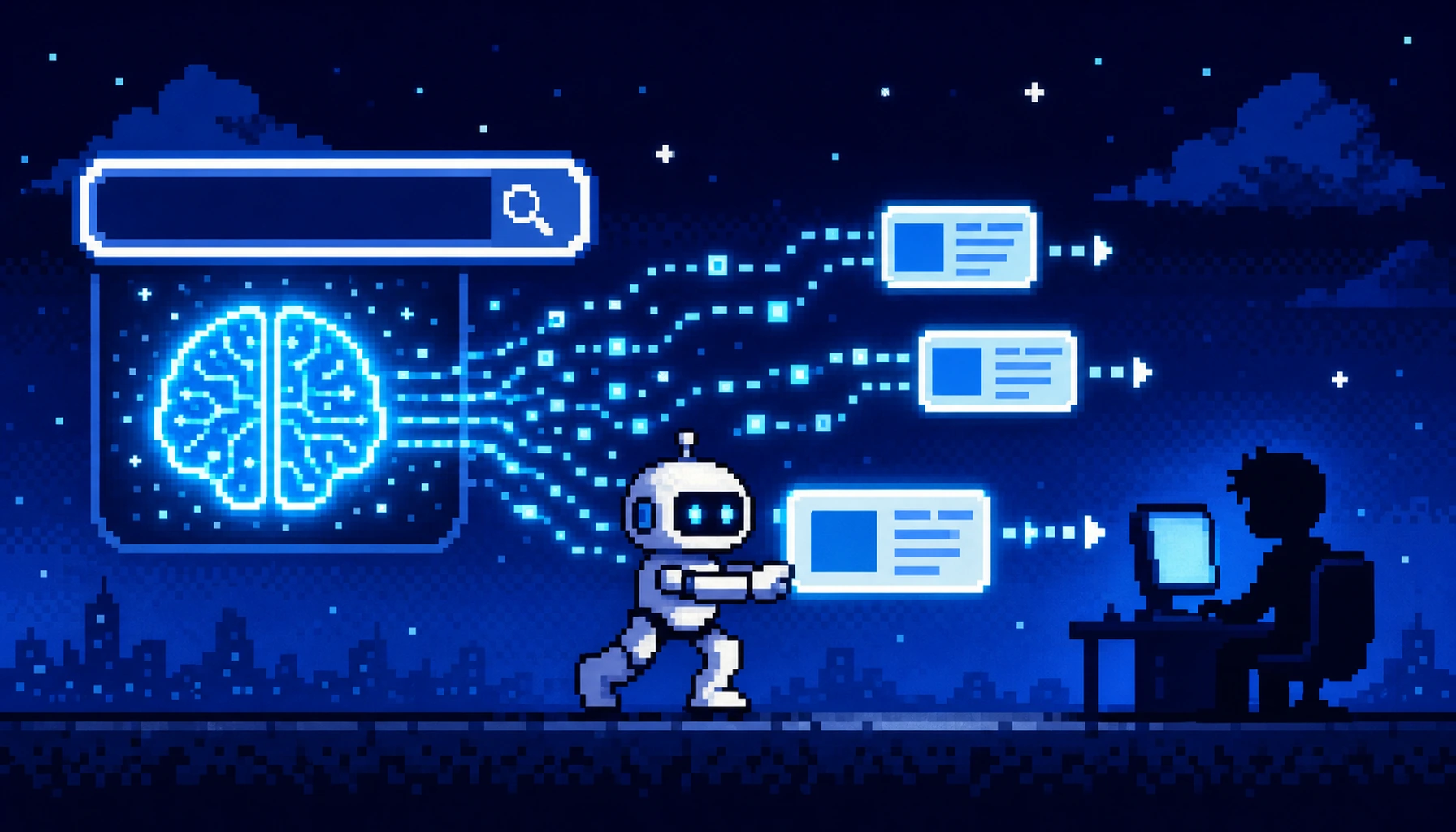 Retro 8-bit pixel art of a Google Search box feeding an AI brain that sends answers to background information agents