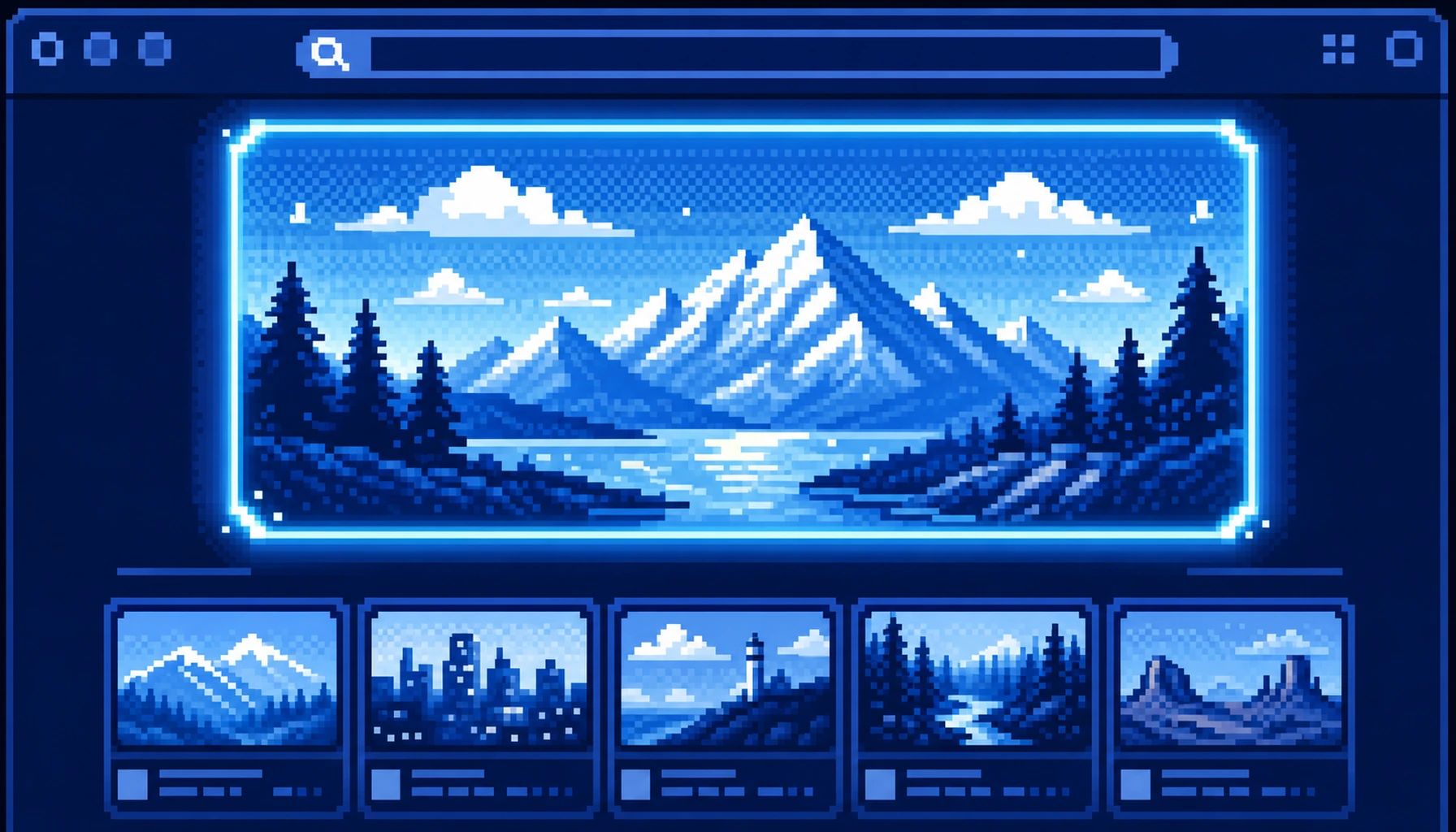 Retro 8-bit pixel-art scene of a Google search results page where an AI-generated image appears inside a glowing blue AI Overview panel while smaller real website photo thumbnails sit below it