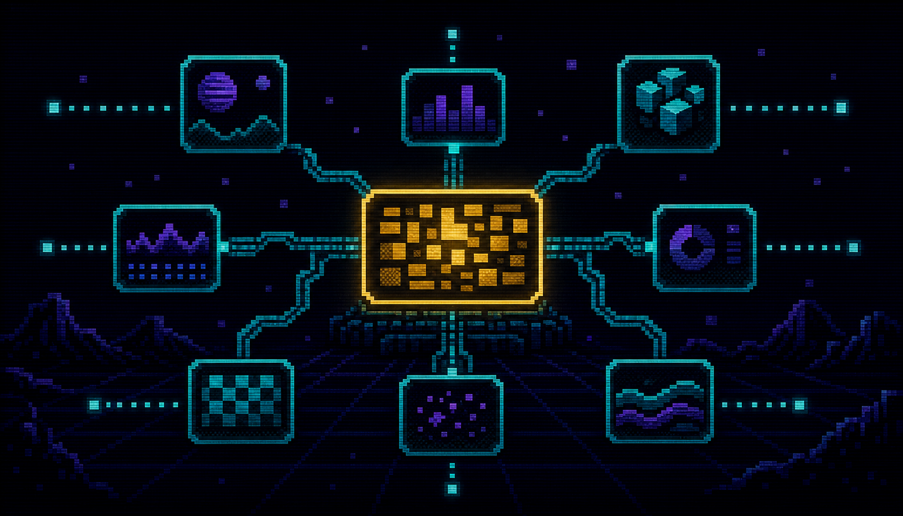 8-bit pixel-art AI answer panel branching out to article cards