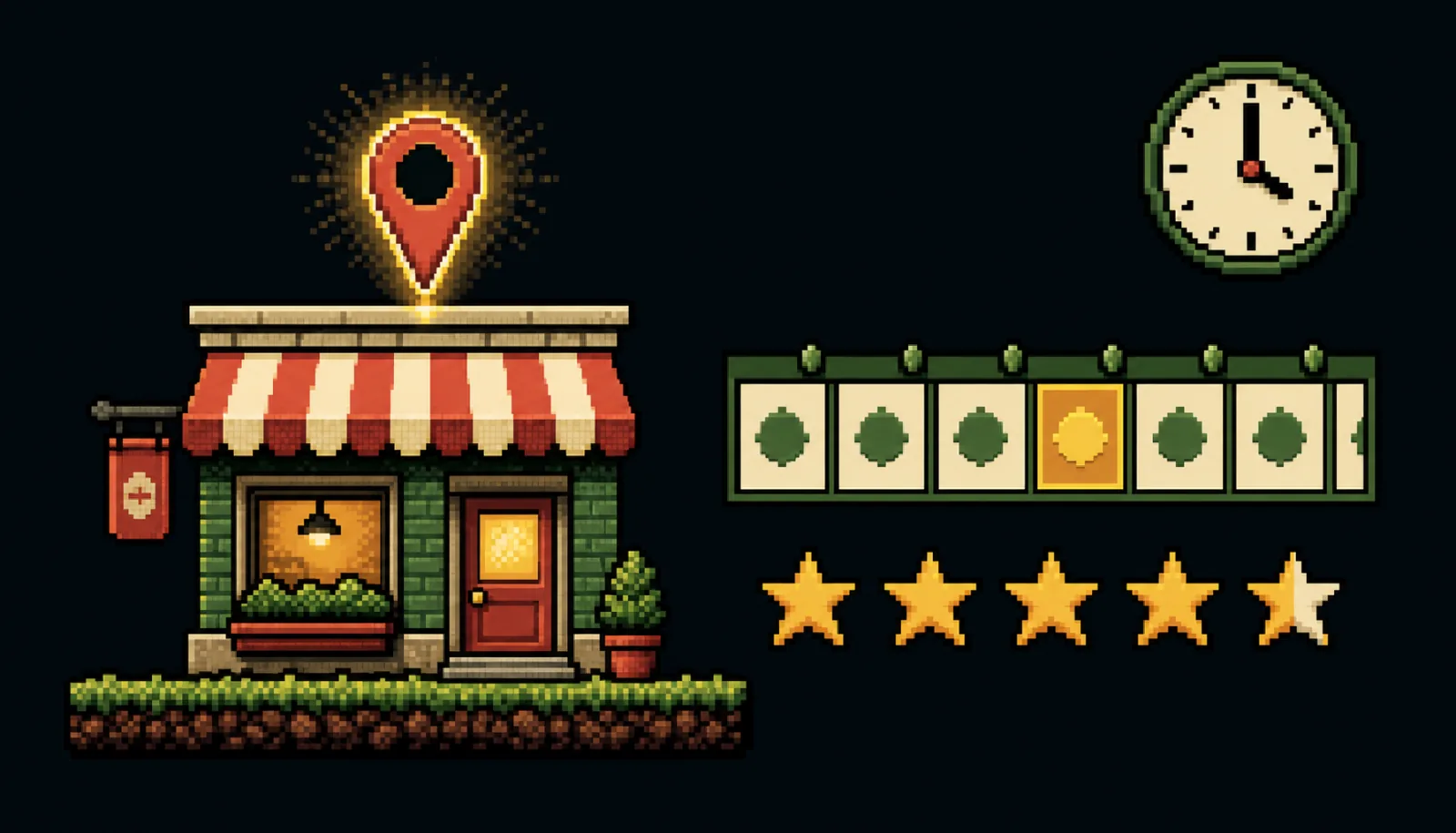 8-bit pixel-art storefront map pin with a weekly calendar and review stars on a CRT screen