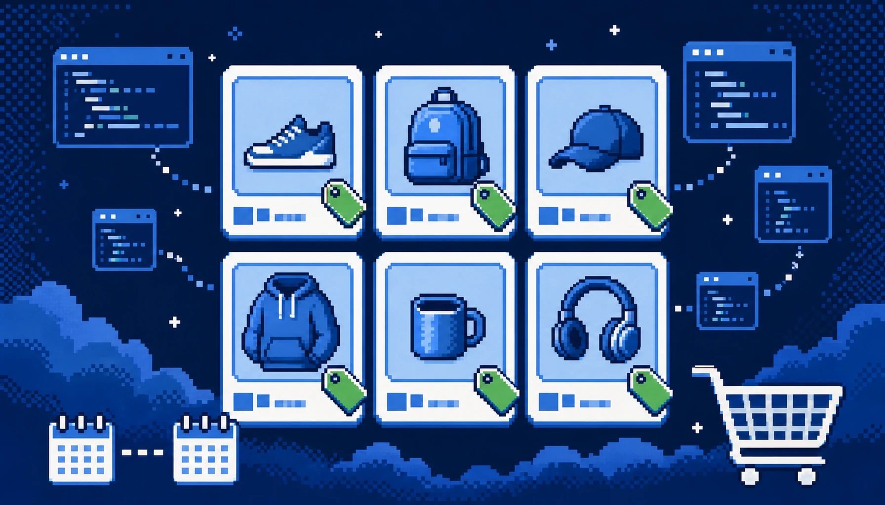Retro 8-bit pixel-art illustration of an online product catalog with price tags and JSON-LD code blocks flowing into a shopping cart