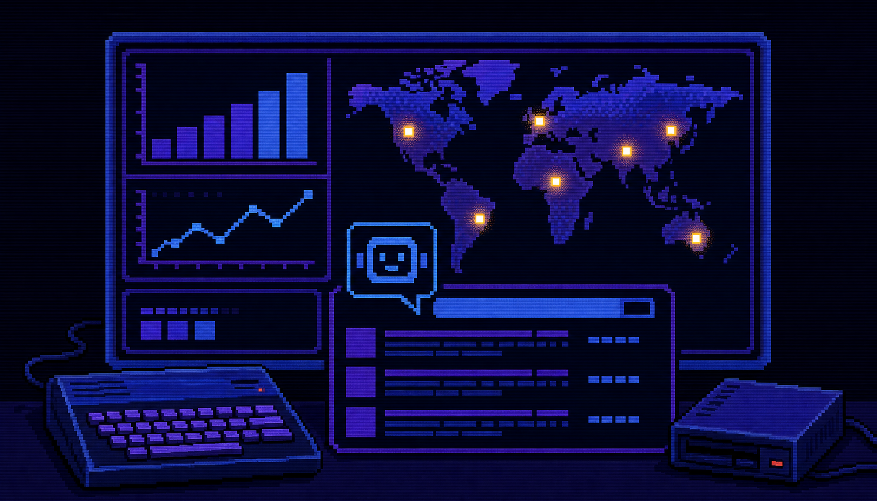 8-bit pixel-art analytics dashboard showing AI impressions by country