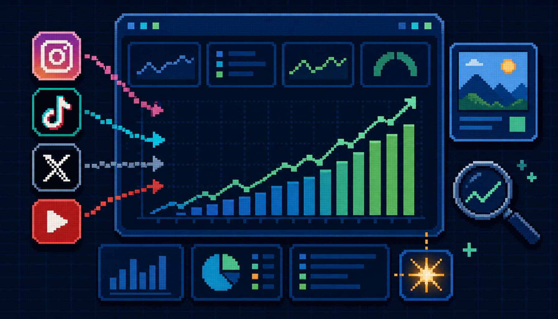 8-bit pixel-art dashboard showing Instagram, TikTok, X, and YouTube icons feeding clicks into a Search Console chart
