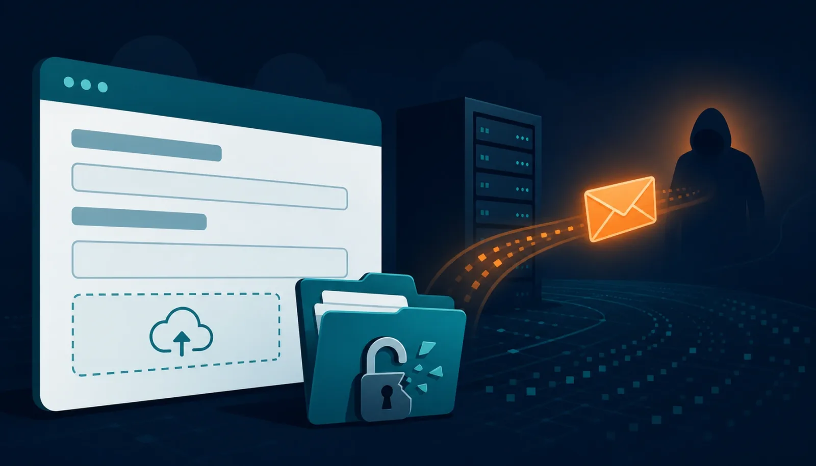 Stylized web form with a broken open folder and a glowing envelope flying away from a server toward a shadowy figure, flat design illustration on dark navy background