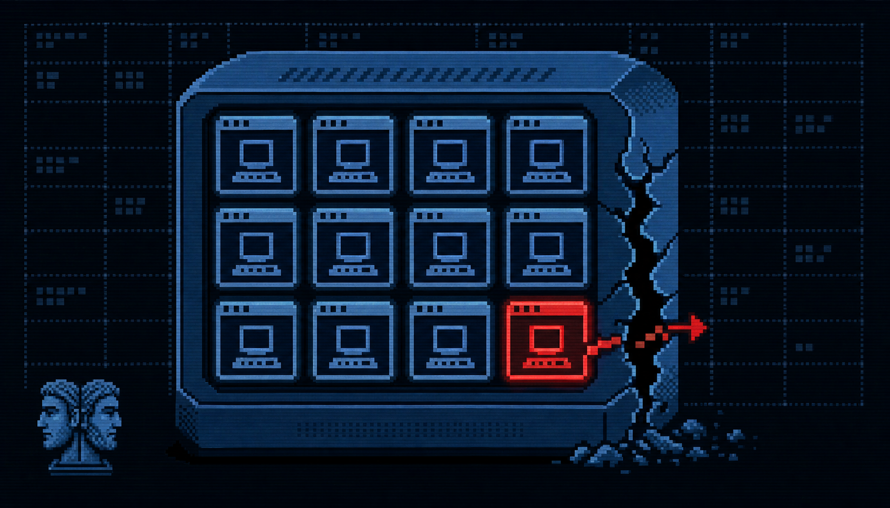 8-bit pixel-art of a guest VM escaping through a cracked host server wall