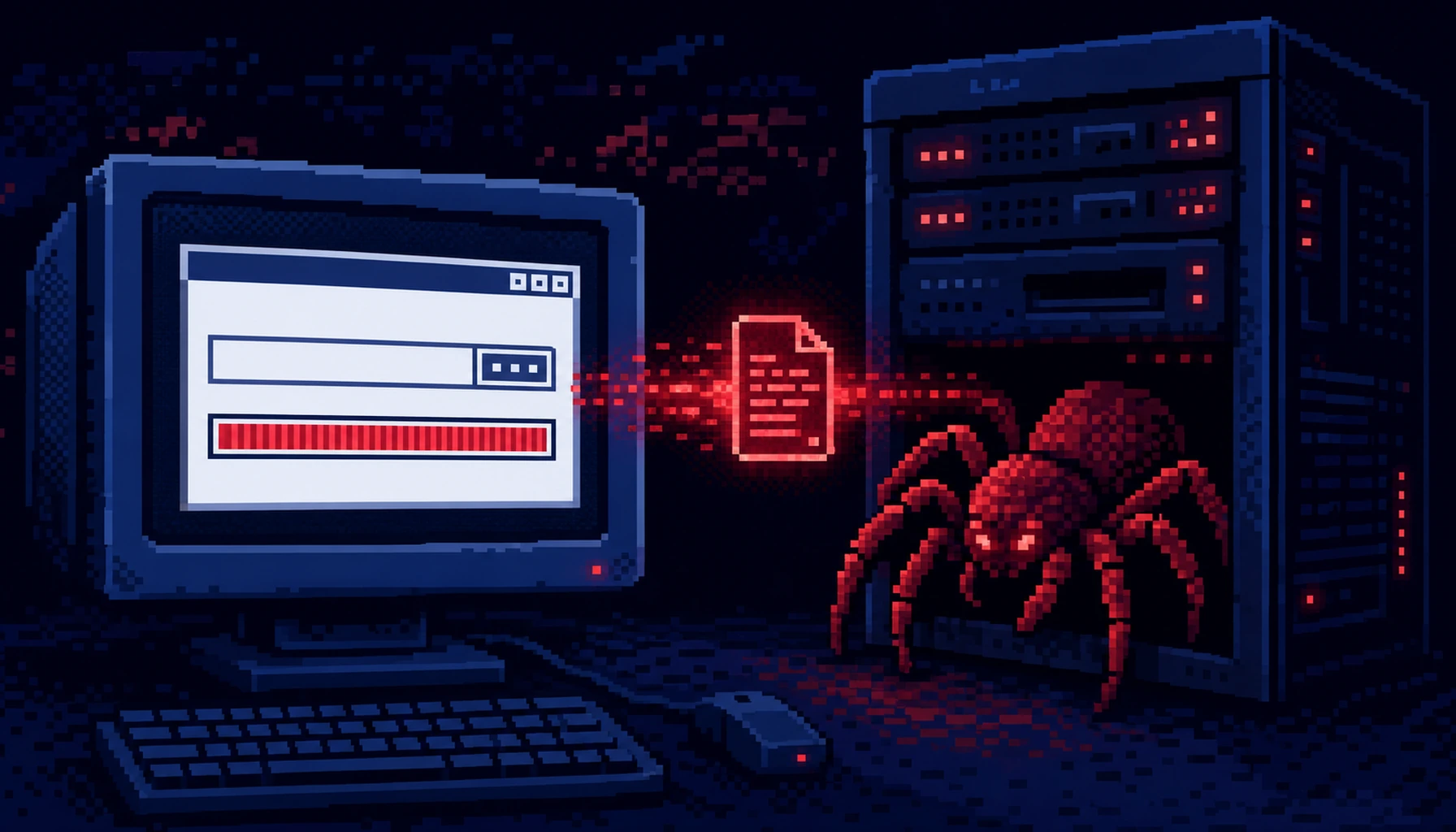 Retro 8-bit pixel art of a Joomla event submission form uploading a red PHP web shell file into a server rack lit with alert warning lights