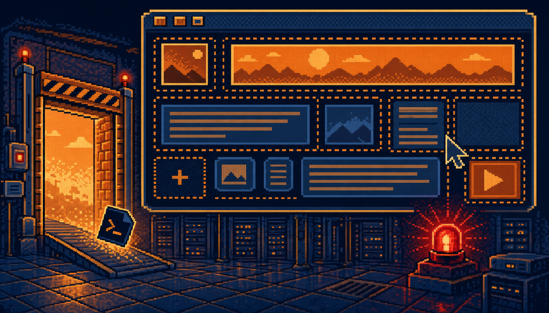 8-bit pixel-art of a website page builder grid with an open upload gate dropping a dark shell file
