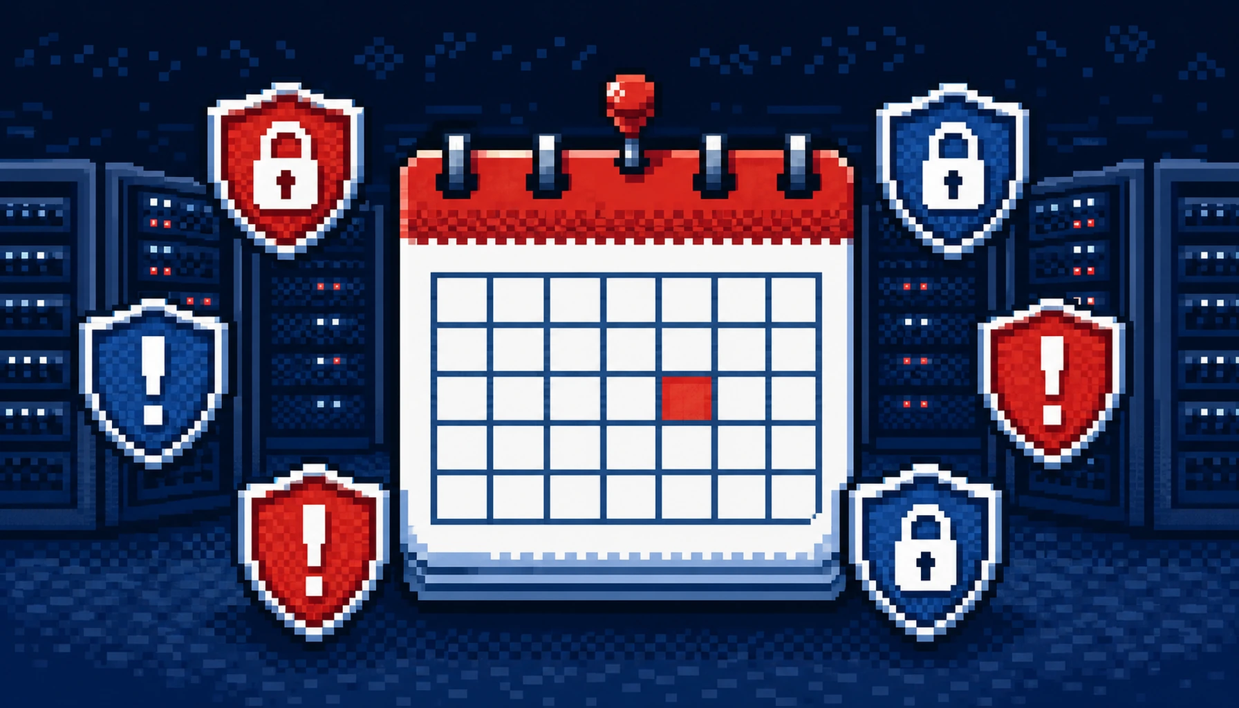 Retro 8-bit pixel art of a July 2026 calendar page surrounded by shield icons and server racks warning of Microsoft Patch Tuesday zero-days