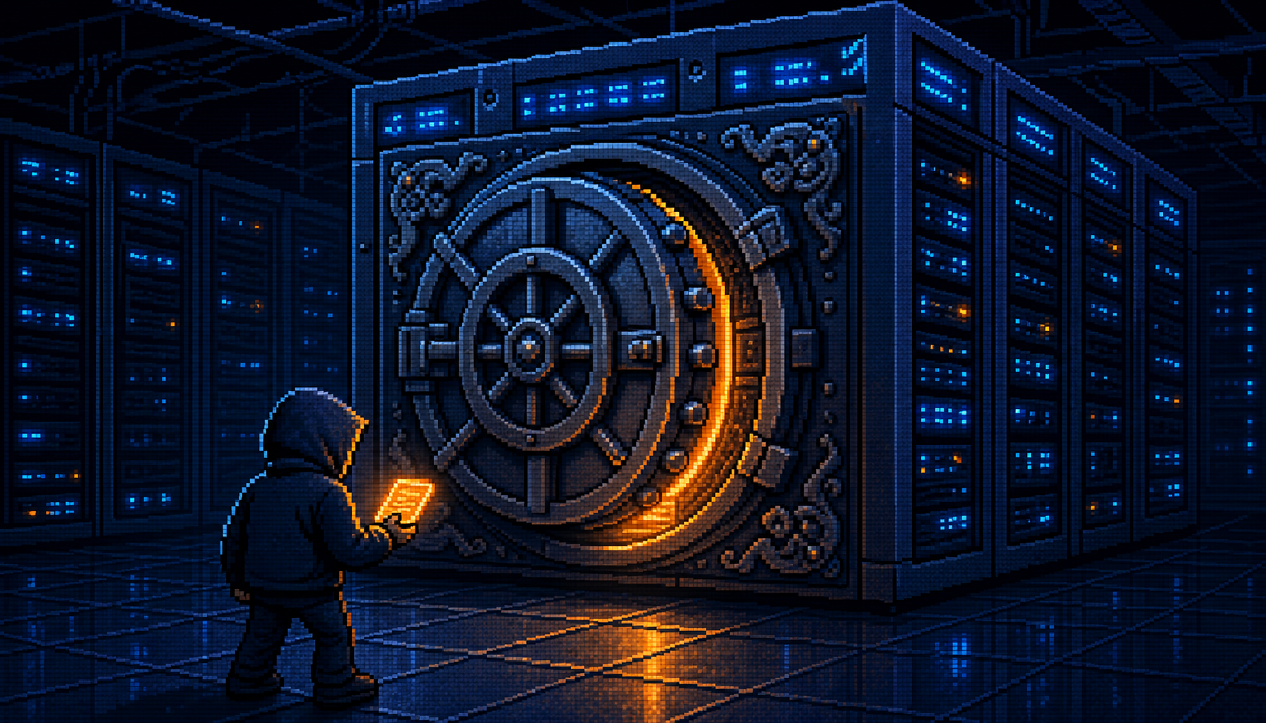 8-bit pixel-art of an ajar bank-vault door set into a glowing server rack with an orange glow leaking out