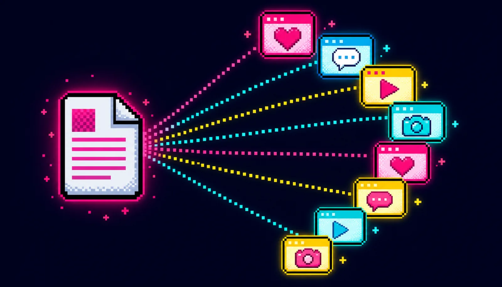 8-bit pixel-art blog post splitting into social media cards across multiple platform windows