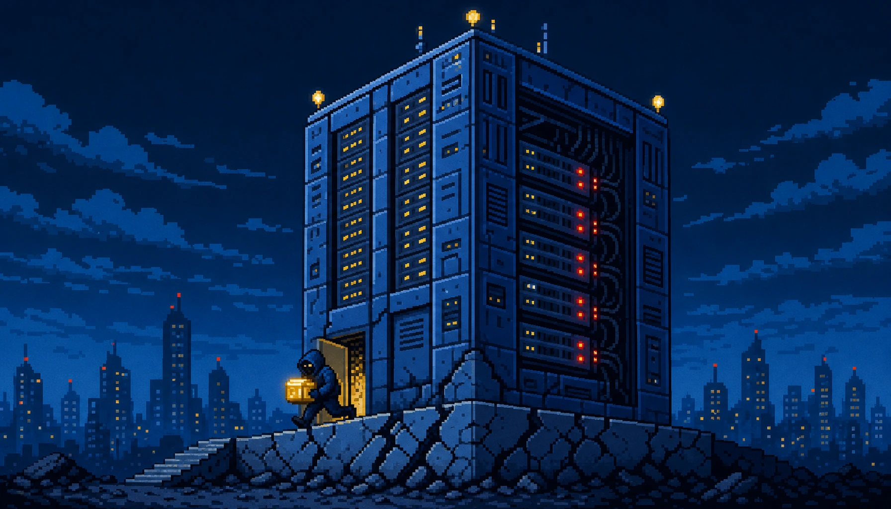 Retro 8-bit pixel-art illustration of an SAP enterprise server tower with a cracked foundation and red warning lights, while a small intruder slips through a side door