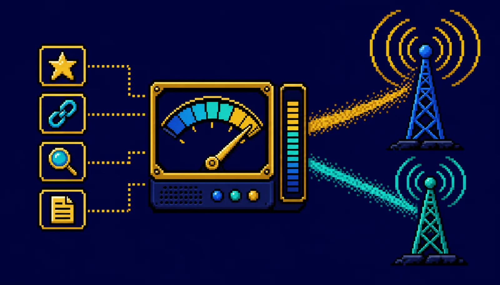 8-bit pixel-art signal meter reading content quality inputs feeding Google and Bing towers