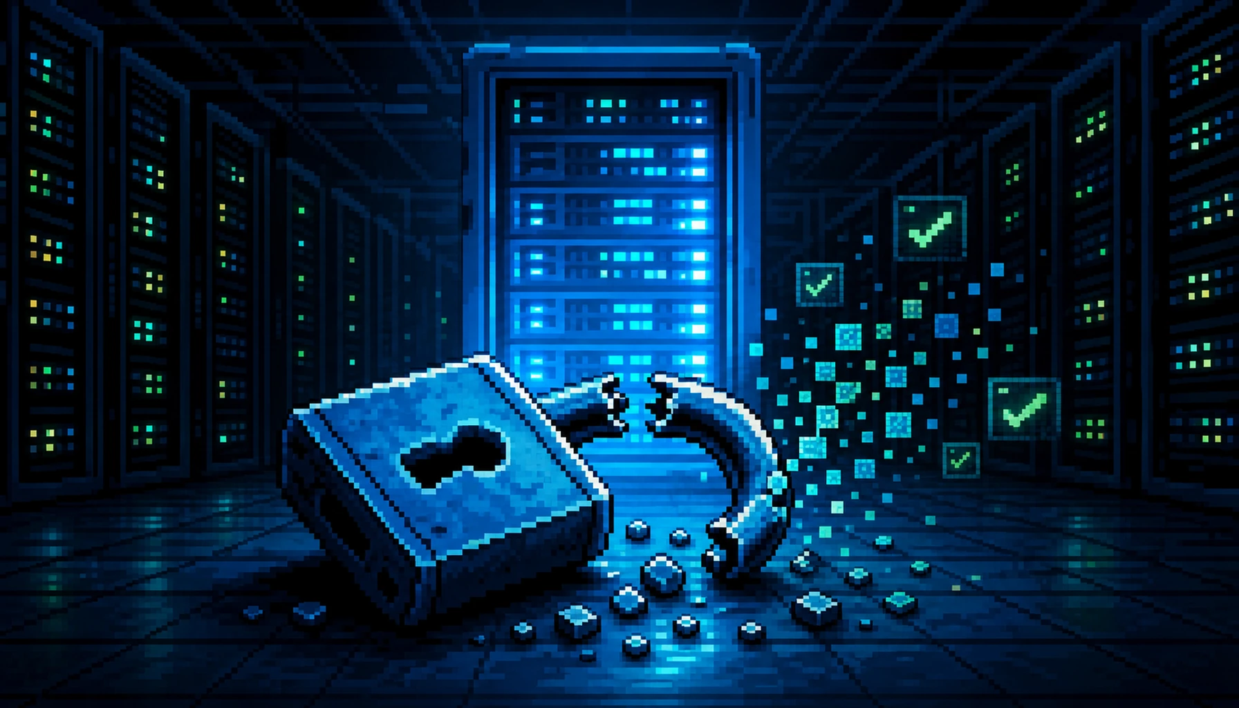 Retro 8-bit pixel-art scene of a broken padlock and shattered JWT tokens in front of a glowing SharePoint server rack in a dark data center