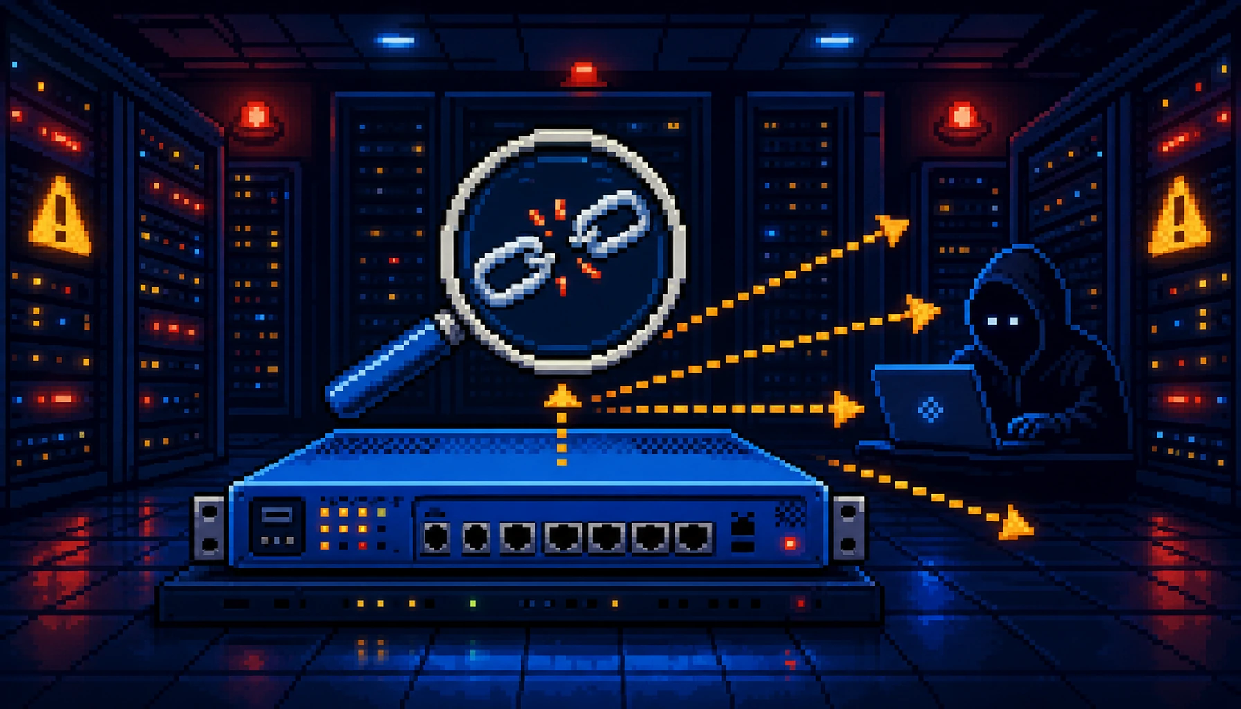 Retro 8-bit pixel-art illustration of a SonicWall SMA 1000 remote access appliance in a server rack with flashing red alert lights and arrows showing unauthorized network requests leaking outward to an attacker