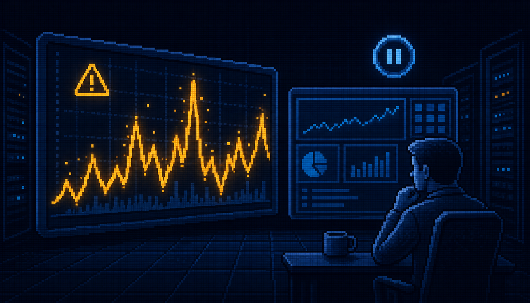 8-bit pixel-art of a jittery search-ranking volatility chart with a calm SEO analyst reading Search Console before acting