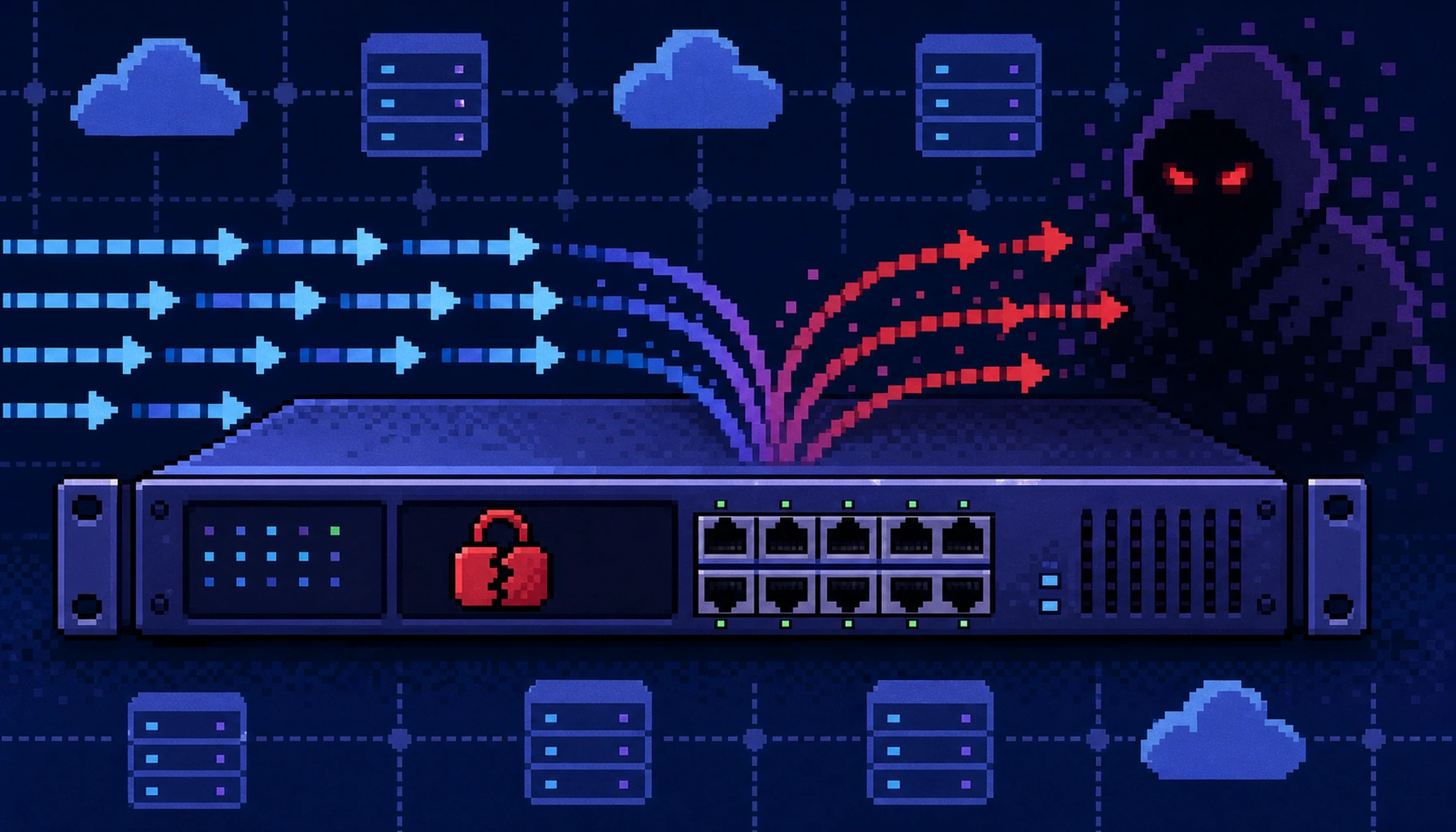Retro 8-bit pixel-art scene of a VMware Avi load balancer appliance with a broken red padlock on its control panel while web traffic reroutes through a shadowy attacker figure in a multi-cloud server room