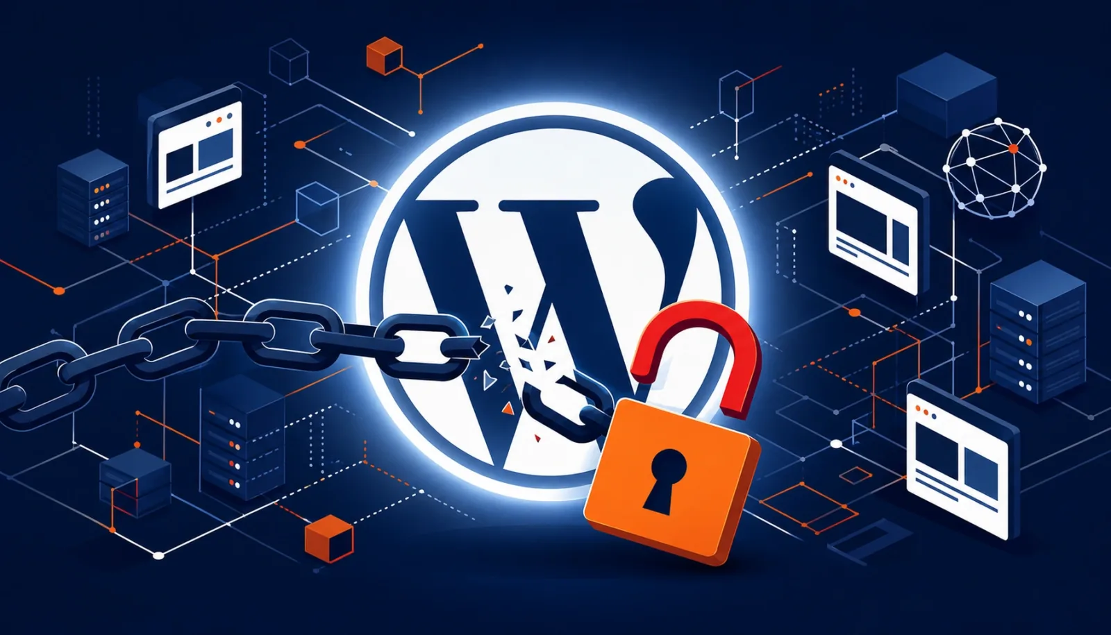 WordPress logo with a broken padlock overlapping it symbolizing a broken authentication gate, flat design editorial illustration on dark navy background