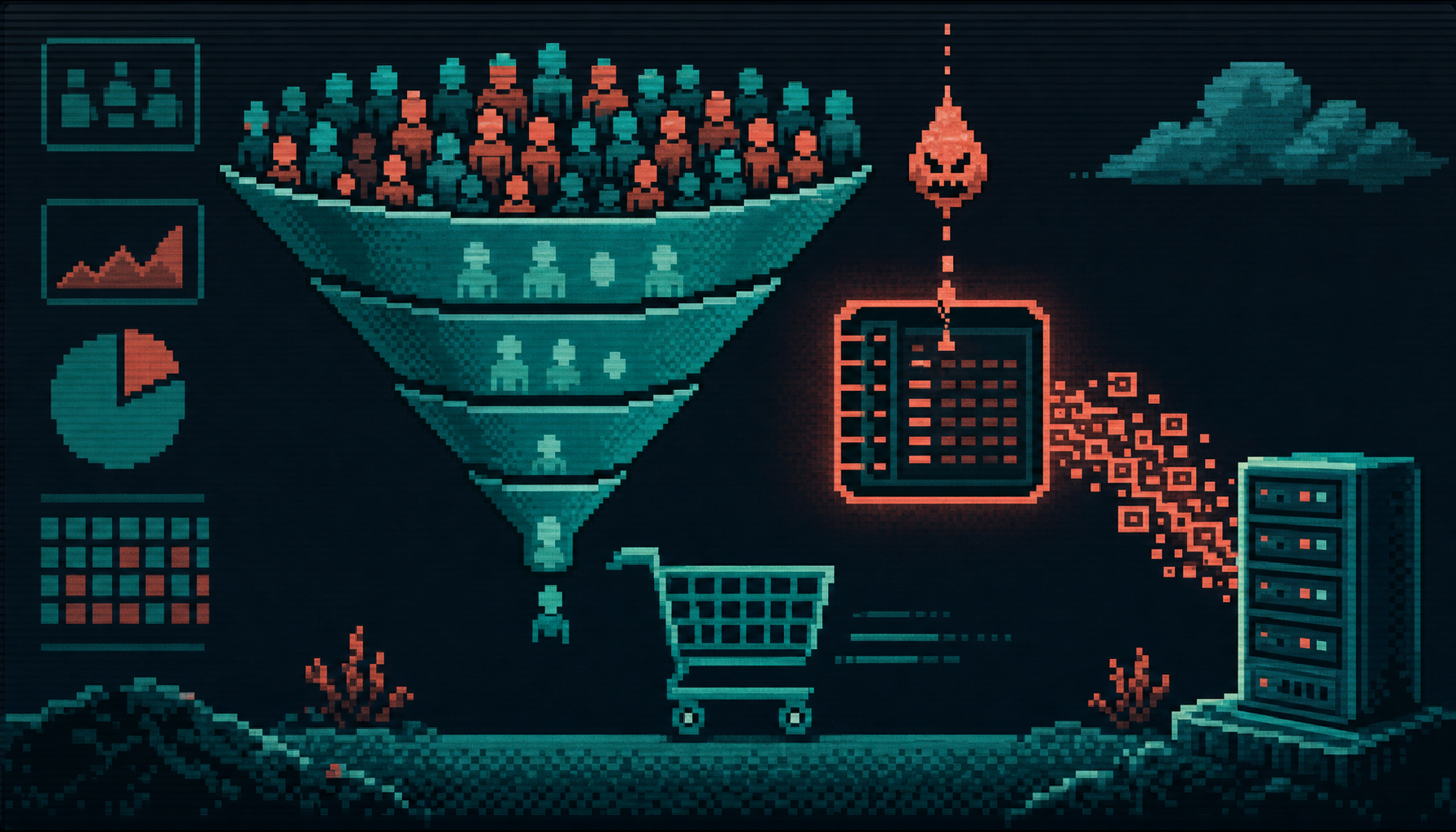 8-bit pixel-art of a sales funnel with a poisoned log ledger transforming into executing code