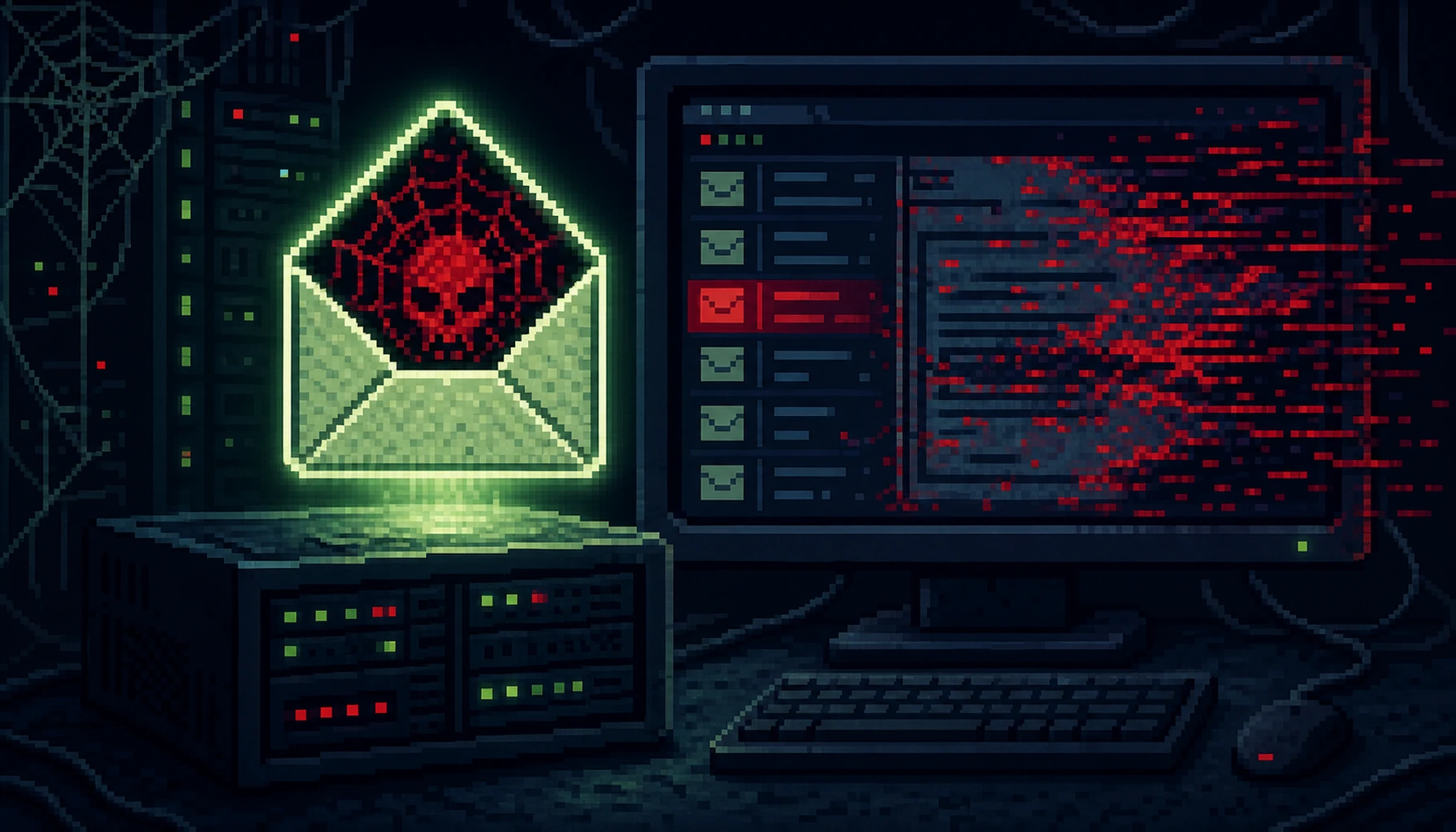 Retro 8-bit pixel art of a glowing envelope with a red spider web inside floating above a dark server rack running a corrupted webmail client