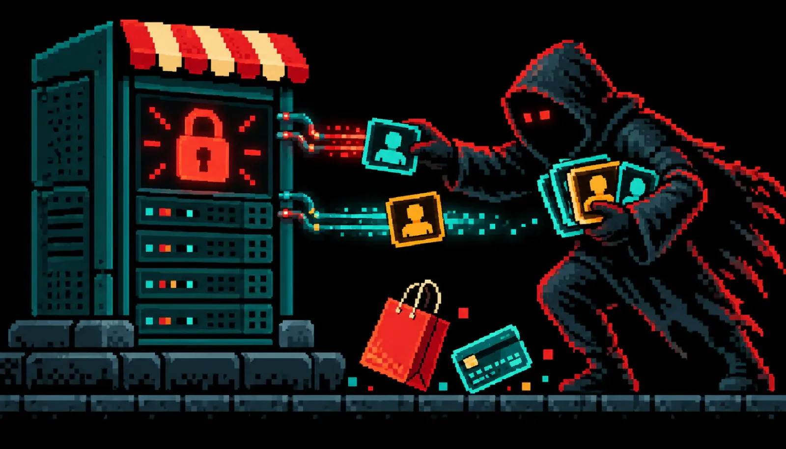 8-bit pixel-art hooded figure pulling customer account cards from a storefront server with a flashing red padlock, a shopping bag and credit card falling to the ground