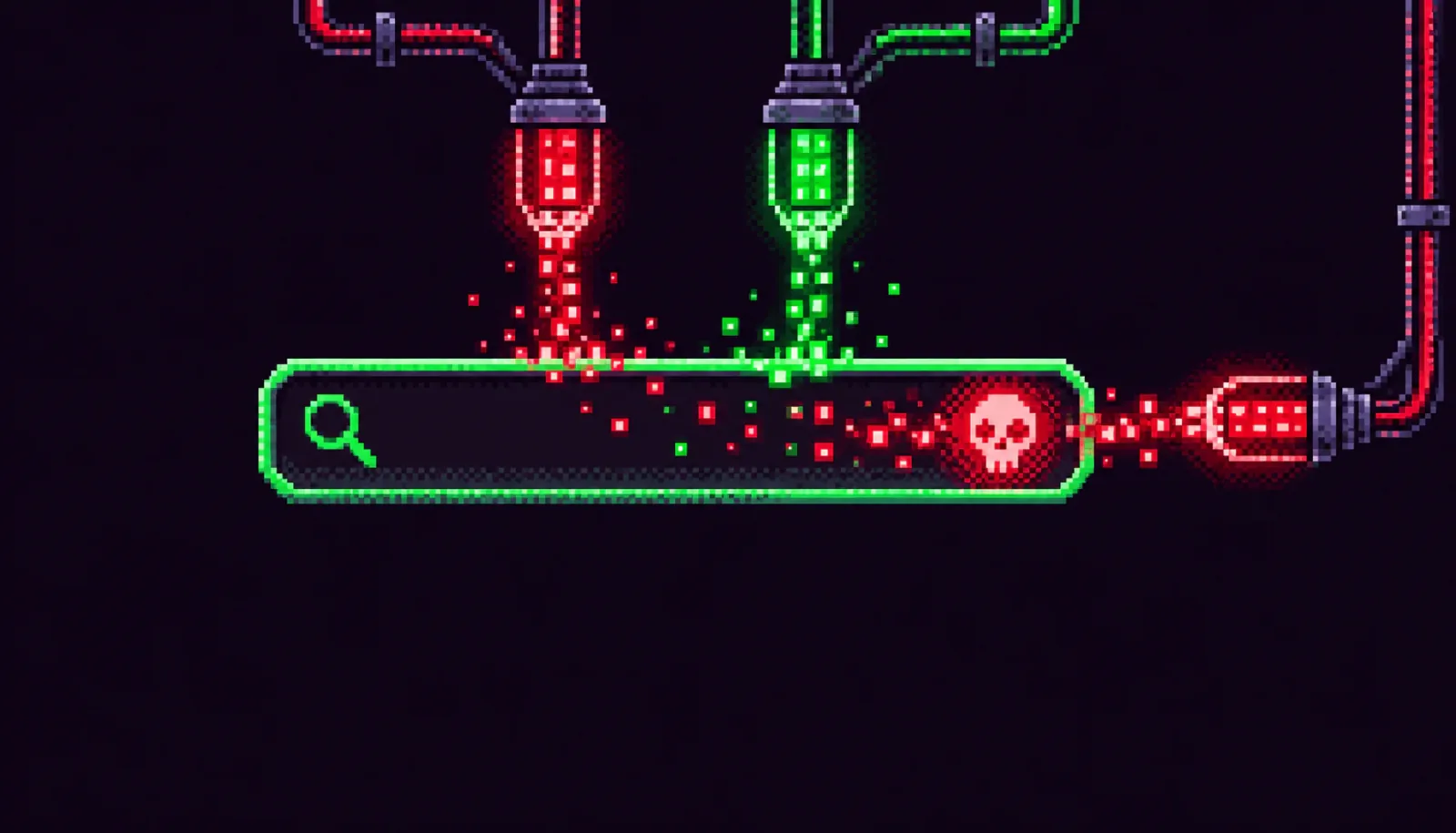 8-bit pixel-art search bar on a dark background with red and green data pipes injecting glowing pixel payloads into it and a red skull icon at one end