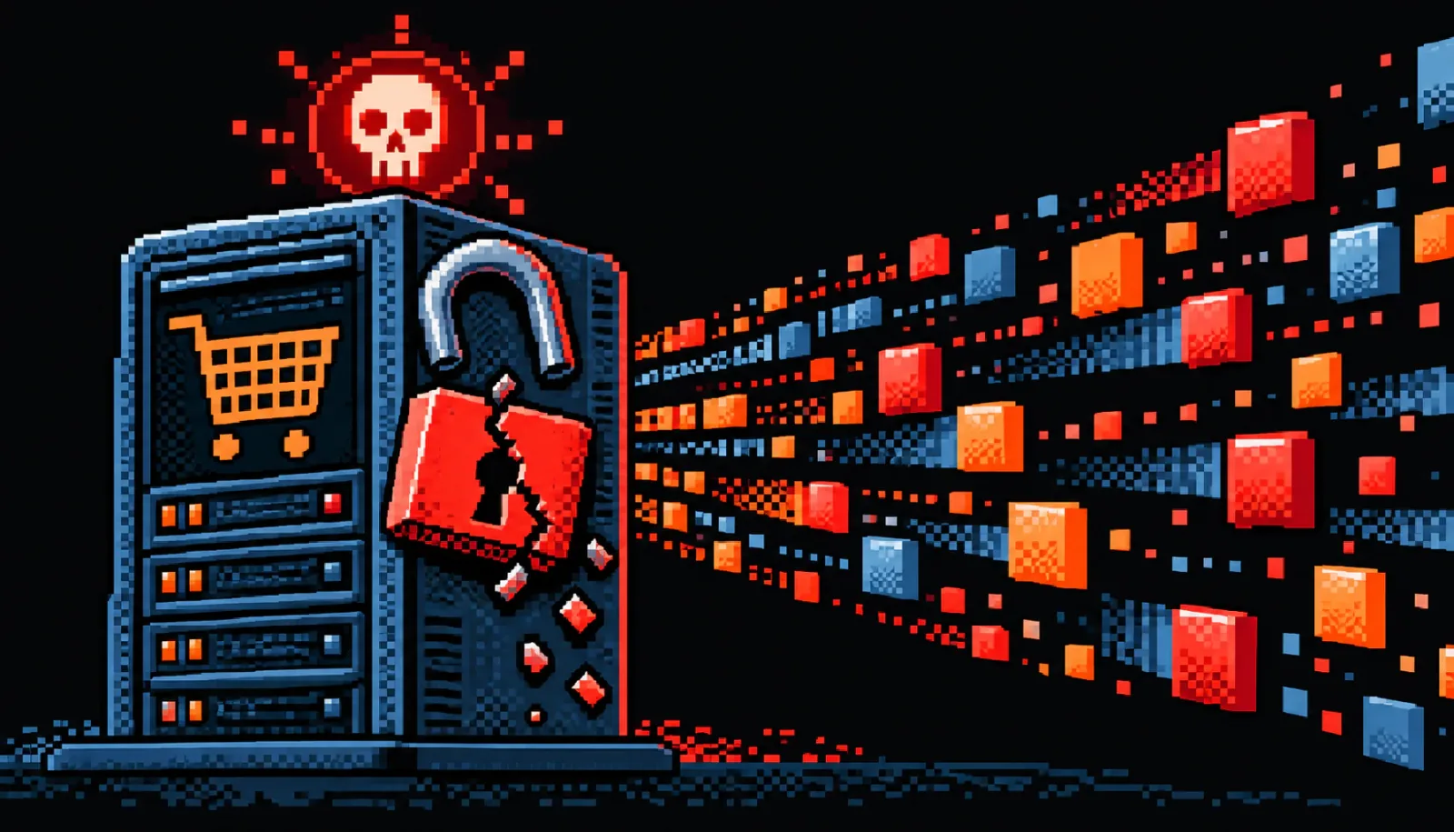 8-bit pixel-art server tower with a shopping cart on its panel, a cracked red padlock hanging open and a glowing skull alert above it while data blocks stream out to the right