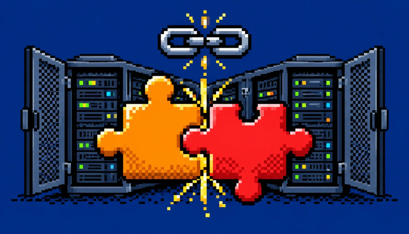 8-bit pixel-art orange and red jigsaw pieces snapping together between two open server racks with yellow sparks, representing the two linked SharePoint CVEs, under a repaired chain link