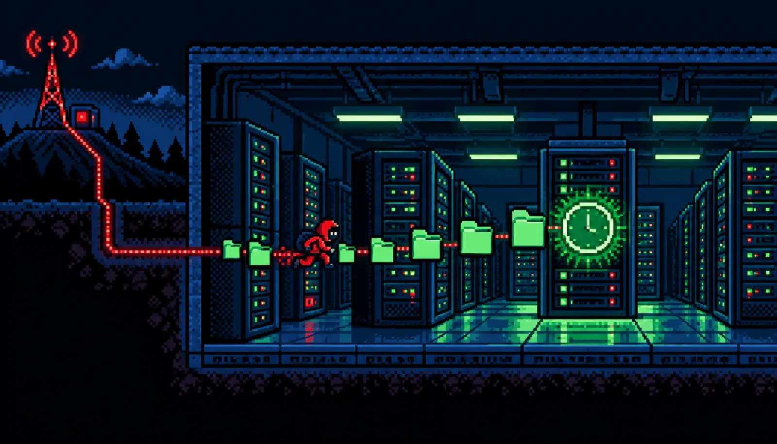 8-bit pixel-art data center where a red hooded intruder runs along a path of green folder icons toward a glowing clock on a central server, with a red line leading back to a distant radio tower