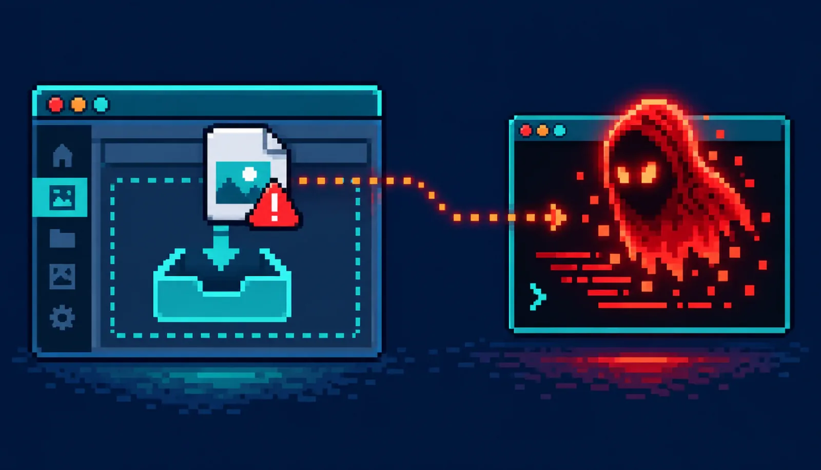 8-bit pixel-art media-library upload window with a flagged image file, linked by an orange dotted line to a terminal window where a glowing red ghost shell appears