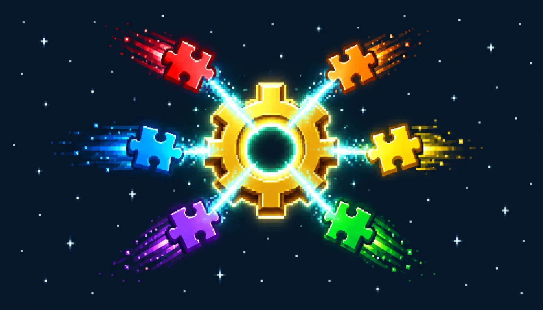 8-bit pixel-art WooCommerce gear icon absorbing six smaller plugin puzzle pieces into one glowing control panel