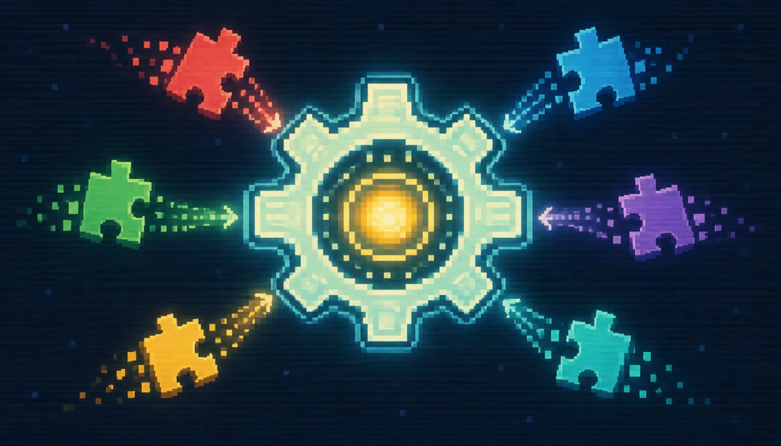 8-bit pixel-art WooCommerce gear icon absorbing six smaller plugin puzzle pieces into one glowing control panel