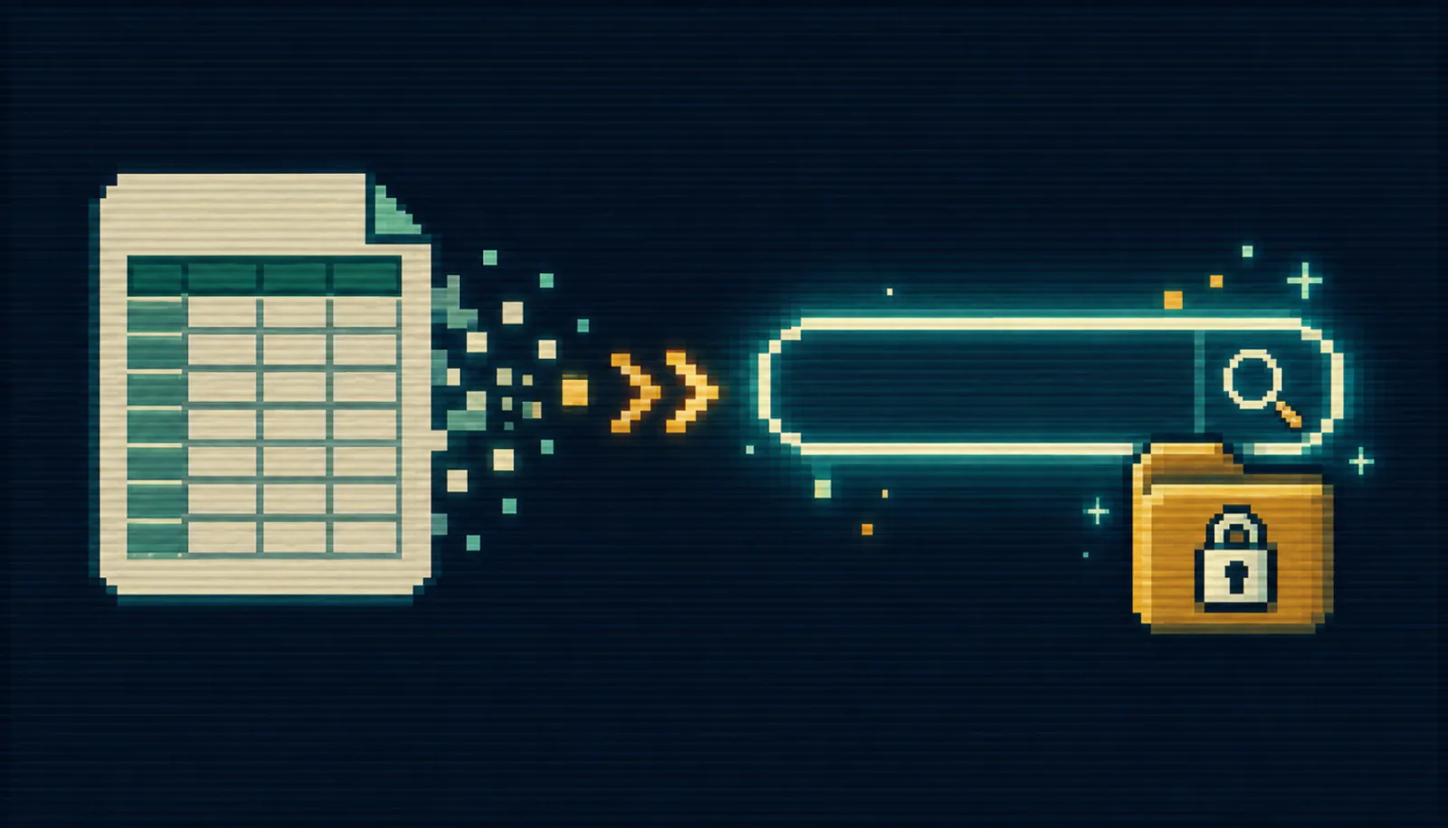 8-bit pixel-art spreadsheet file transforming into a magnifying-glass search bar above a locked folder icon