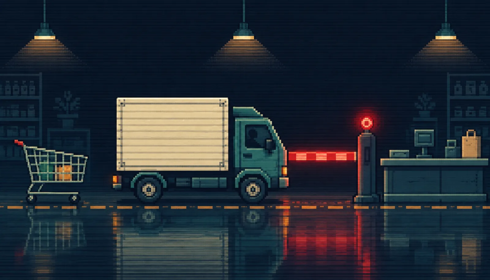 8-bit pixel-art shipping truck stopped at a glowing red checkout gate while a shopping cart waits behind it