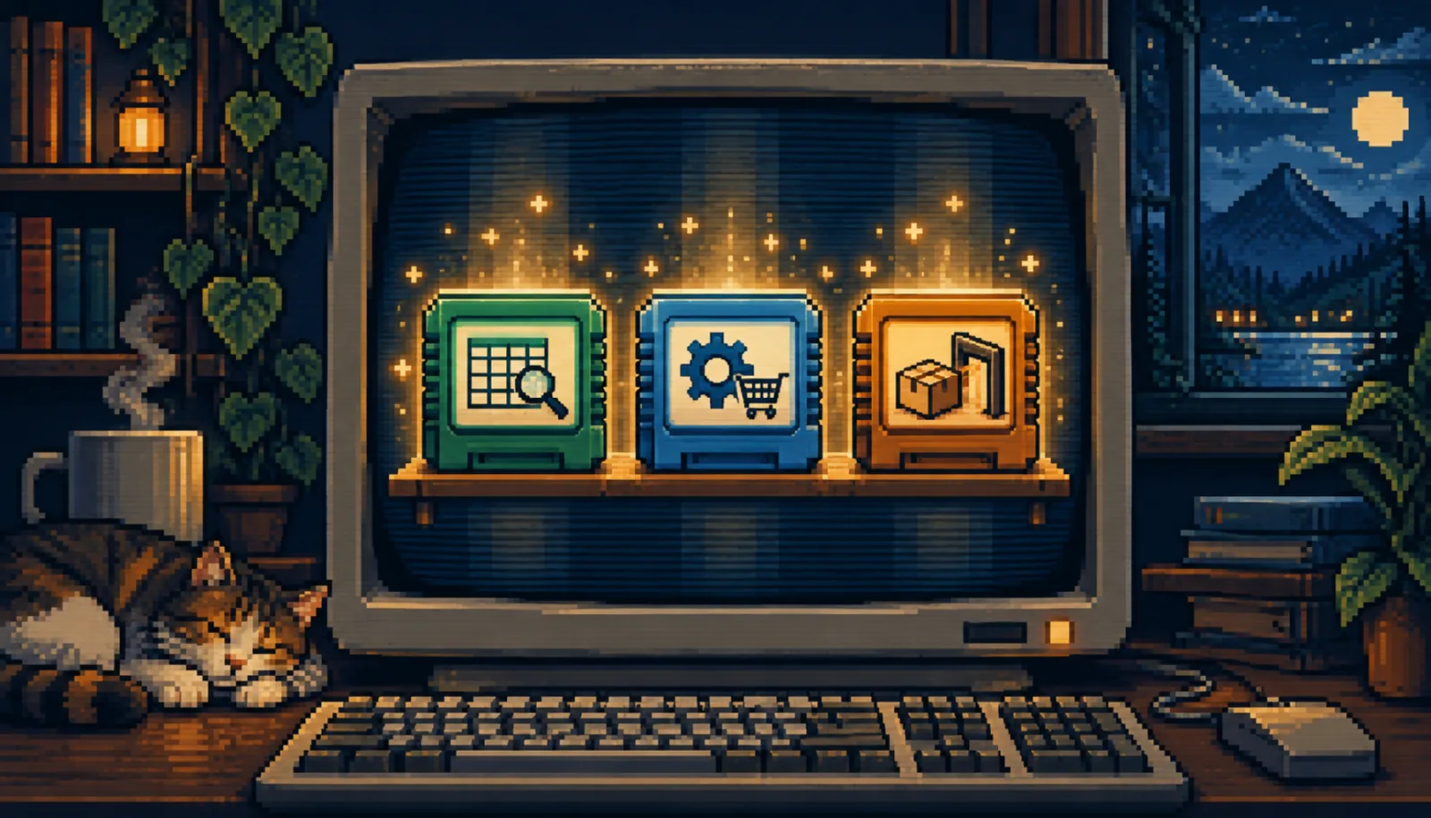 Retro 8-bit CRT computer displaying three glowing plugin cartridges with spreadsheet search, store controls, and shipping gate icons